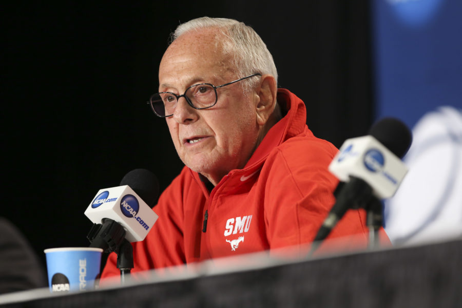 SMU head coach Larry Brown speaks to the media during a news conference before practice at the NCAA college basketball tournament in Louisville, Ky., Wednesday, March 18, 2015. SMU plays UCLA in the second round on Thursday. (AP Photo/David Stephenson)