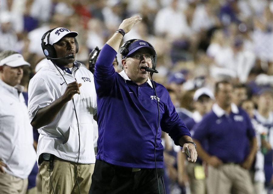 TCU head coach Gary Patterson instructs his team during an NCAA college football game against SMU Saturday, Sept. 19, 2015, in Fort Worth, Texas. (AP Photo/Tony Gutierrez)
