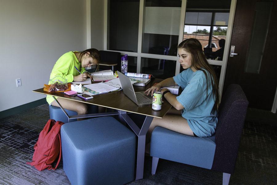 Freshmen Chandler Whittington and Ilana Baiamonte taking advantage of the natural lighting while studying in Colby Hall. 
