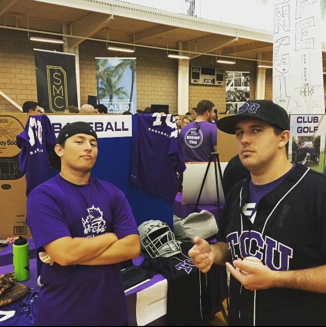 TCU+Club+Baseball+Members+Braden+Surprenant+and+Dylan+Smith+pose+at+their+Activities+Fair+Booth