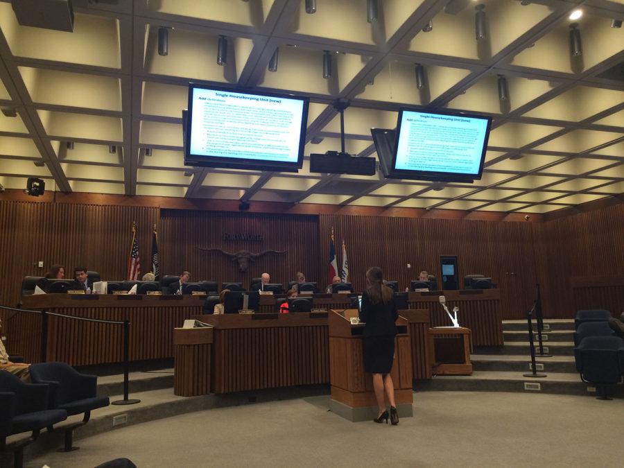 Student Body President Maddie Reddick advocates for students in front of the Fort Worth Zoning Commission.