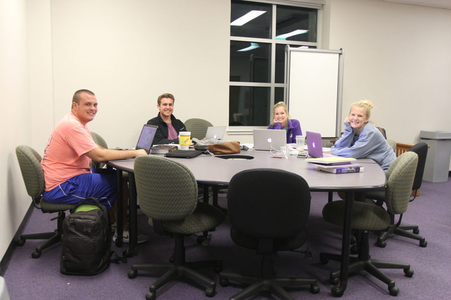 From left to right, Conner Neal, Braden Woodruff, Kelsey David and Cassy Wind. Woodruff said this is cool kids club. This is a great area for group studying. Its quiet but  everyone is still be able to socialize, Woodruff said. Tuesday, Sept. 29, 2015.