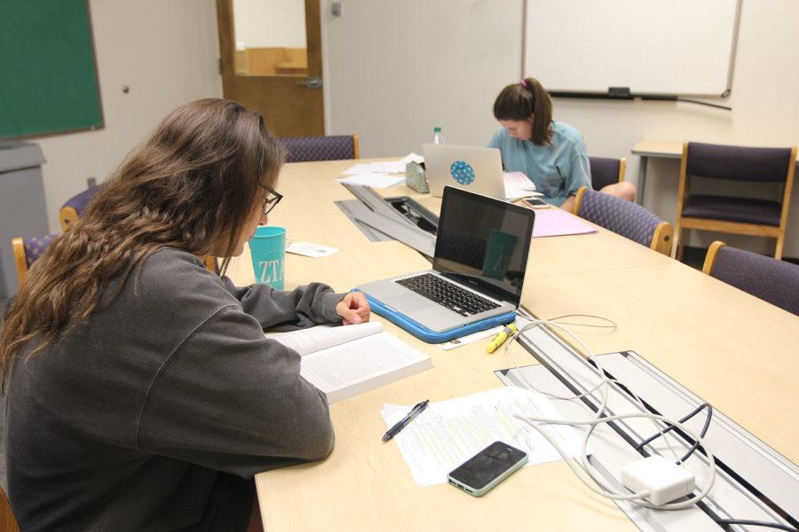 From left to right. Megan Jamieson, McKenna Arras.  Jamieson and Arras study for their social psychology class as they prefer a quiet study room. Tuesday, Sept. 29, 2015.
