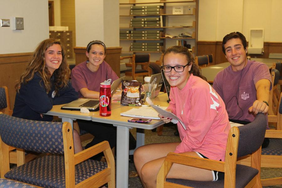 From left to right, Grace Franko, Katherine Rodden, Olivia Bernstein and William Benish.  Franko said group members can talk a little louder since this is a conversational area. Tuesday, Sept. 29, 2015.