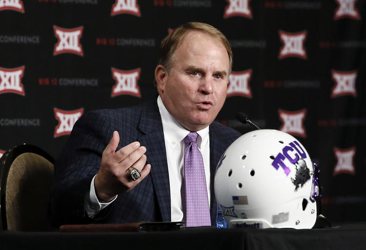 TCU+head+football+coach+Gary+Patterson+responds+to+questions+from+reporters+at+Big+12+Conference+Football+Media+Days+Monday%2C+July+20%2C+2015%2C+in+Dallas.+