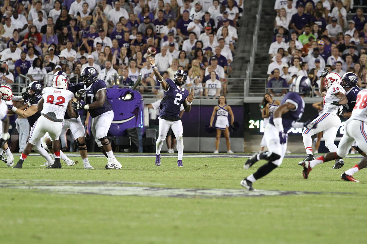 The+Frogs+withstood+20+unanswered+SMU+points+in+the+second+half+to+move+to+3-0.+