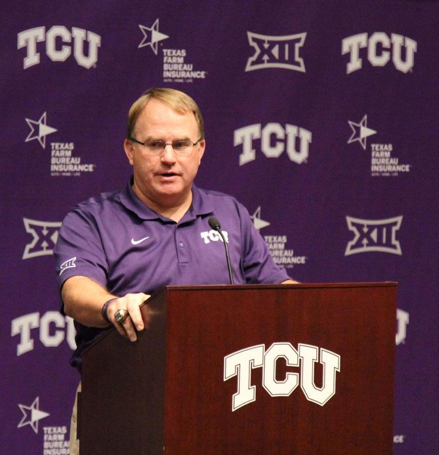Head+coach+Gary+Patterson+speaks+at+Tuesdays+press+conference.