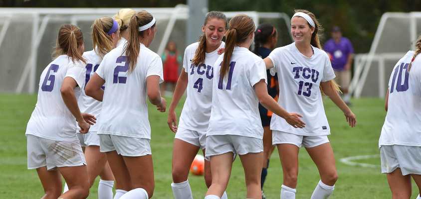 TCU soccer celebrates during its 4-0 victory over UTSA Sunday afternoon