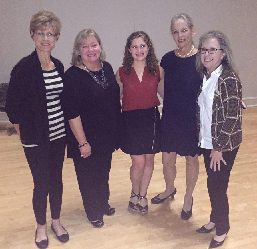 Assistant Professor of Professional Practice Sharon Canclini (far right), Assistant Professor of Professional Practice Marie Stark (right), nursing student Rachel Rudberg (middle), speaker Dr. Rachel Adatto (left) and Associate Dean for Nursing Suzy Lockwood (far left) pose for a photo at the event