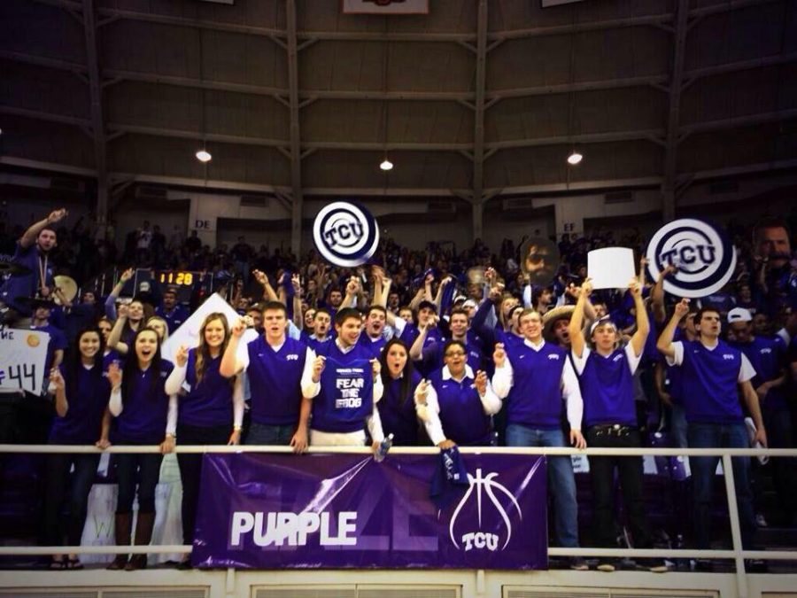 Purple Haze Members cheer on the TCU Mens Basketball team against the Kansas Jayhawks on January 25th, 2015.
