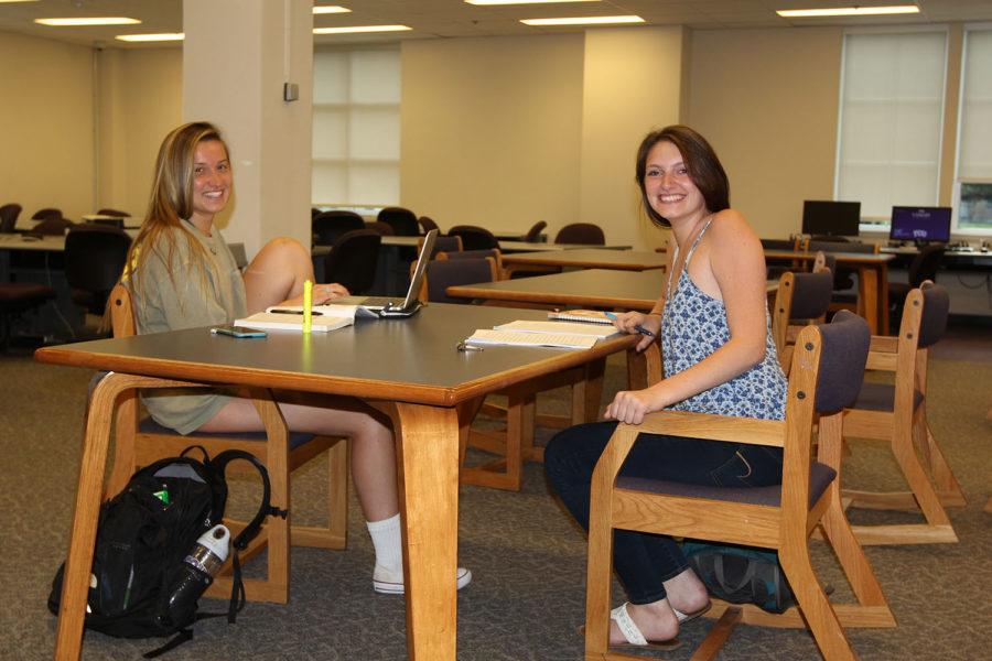 From left to right, Madison Deves, sophomore business major and Laura Meng, sophomore business major prefer studying in the front section of the west entry. Both students said this area becomes quiet since everyone goes to the newly renovated area of the library. 