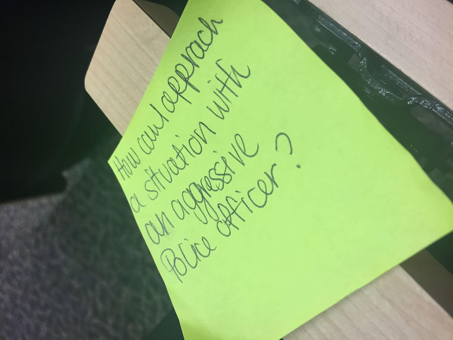 BSA gave students sticky notes with questions on them that they could ask the officers.