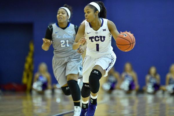 Toree Thompson takes the ball up the court for TCU in Sundays 85-36 victory over New Orleans