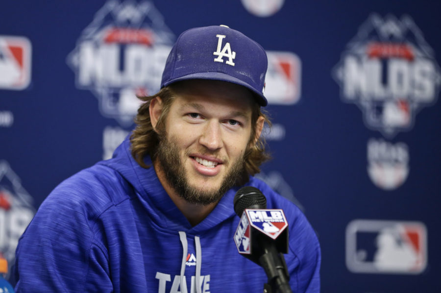 Los Angeles Dodgers starting pitcher Clayton Kershaw  speaks during a news conference before Game 3 of baseballs National League Division Series, Monday, Oct. 12, 2015, at CitiField in New York. (AP Photo/Frank Franklin II)