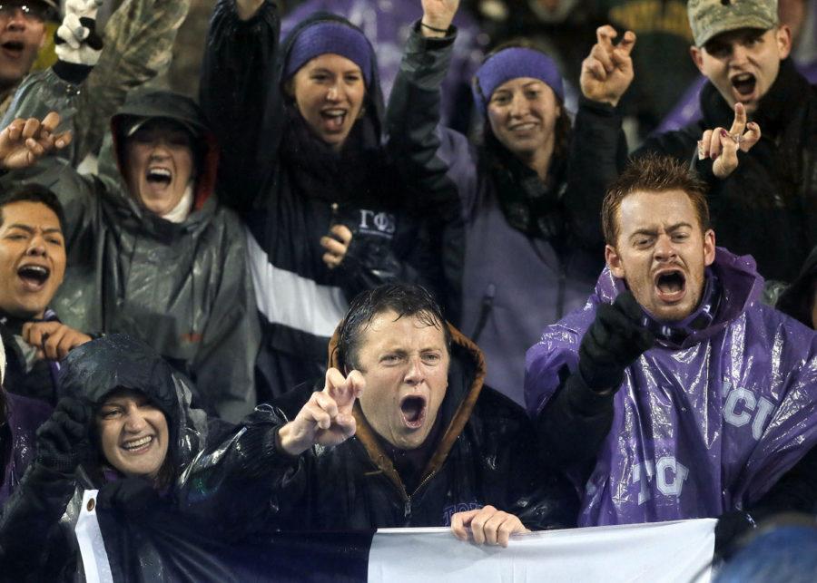 TCU fans cheer for their team during the first half of an NCAA college football game against Baylor, Friday, Nov. 27, 2015, in Fort Worth, Texas. (AP Photo/Tony Gutierrez)