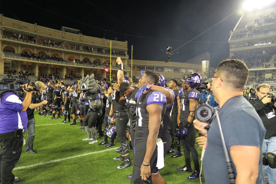 When the game was over, all of TCU football players joined student body to sing TCU anthem.