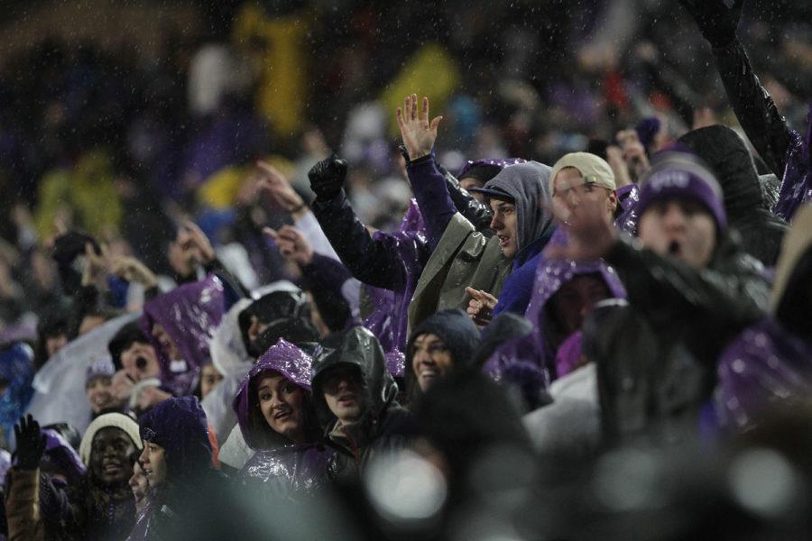 The student section stayed full despite the cold and rainy conditions