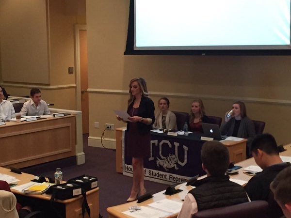 Bill author VP Katie Phillips presents her bill to pay for stress relief for students during finals in the SGA House of Representatives meeting on Nov. 17.