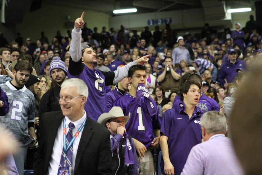 Fans anxiously cheer on the frogs as they go into halftime after a historic comeback at the Alamo Bowl. 