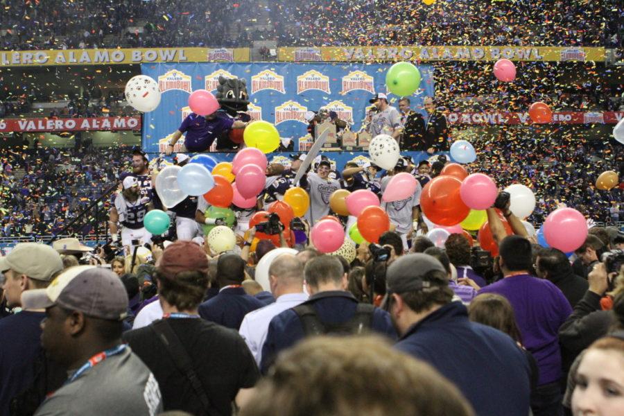 The Horned Frogs and fans enjoy the celebration ceremonies on the field after  a historic comeback to win the Alamo Bowl. 