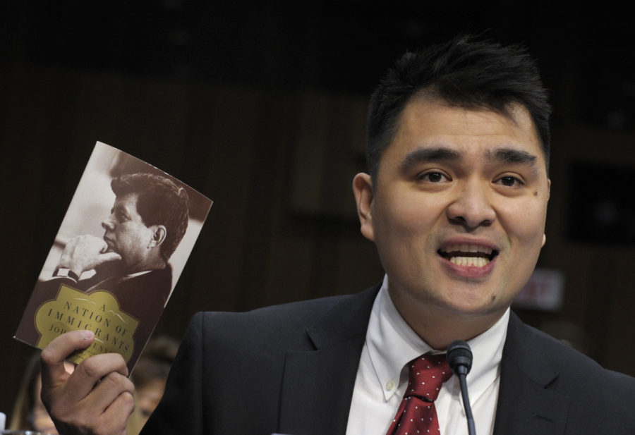 Pulitzer Prize-winning journalist, immigration rights activist and self-declared undocumented immigrant Jose Antonio Vargas testifies on Capitol Hill in Washington on Feb. 13, 2013, before the Senate Judiciary Committee hearing on comprehensive immigration reform. 