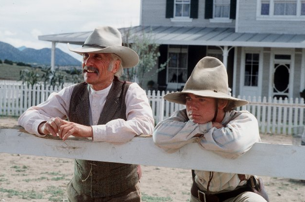 Robert Duvall and Ricky Schroder on the set of Lonesome Dove in 1988.