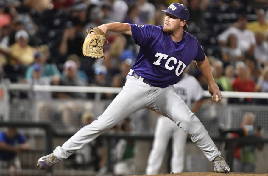 Ryan Burnett was stellar in relief for the Frogs, pitching 3.1 perfect innings to earn a long save.  (AP Photo/Ted Kirk)