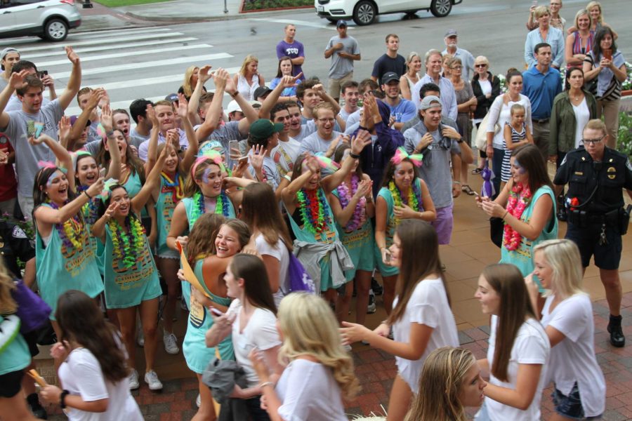TCU fraternity men attended to support friends on Panhellenic Bid Day.