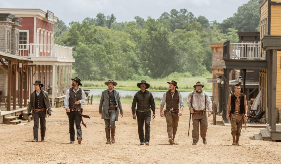 In this image released by Sony Pictures, Byung-hun Lee, from left,  Manuel Garcia-Rulfo, Ethan Hawke, Denzel Washington, Chris Pratt, Vincent DOnofrio and Martin Sensmeier appear in a scene from The Magnificent Seven. (Sam Emerson/Sony Pictures via AP)