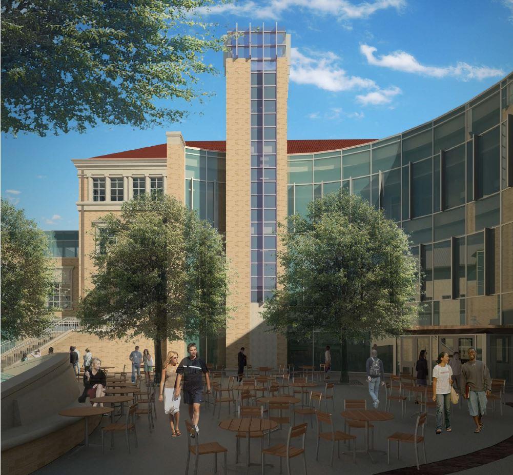 Early concept of the north side of the new building looking from Smith Hall. Note: this is an early rendering and may not exactly reflect the final design. 