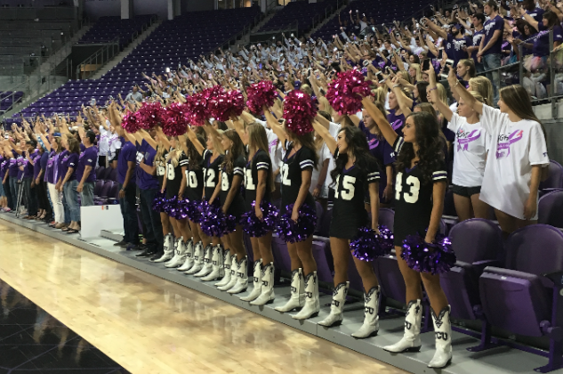 TCU Showgirls at the Frogs for the Cure music video shoot.