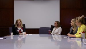 Assistant Director Mariam MacGregor hosts a guest speaker for an unfiltered conversation workshop at the Neeley School of Businesss Professional Development Center. 