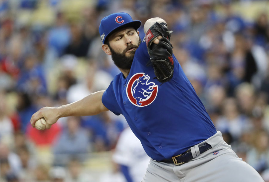 Chicago Cubs' Jake Arrieta throws during the second inning of Game 3 of the National League baseball championship series against the Los Angeles Dodgers Tuesday, Oct. 18, 2016, in Los Angeles. (AP Photo/David J. Phillip)
