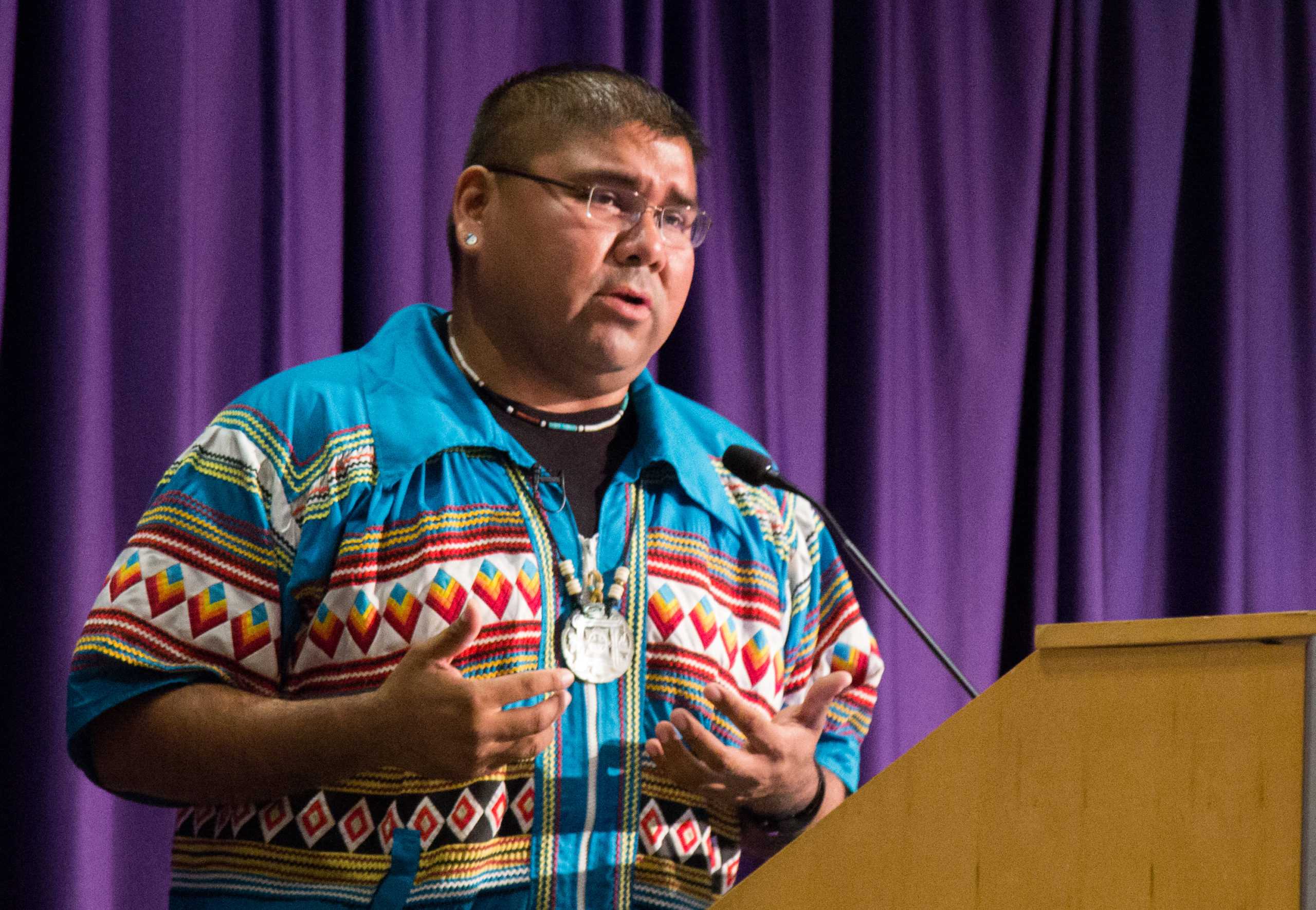 Chebon Kernell, a citizen of the Seminole Nation of Oklahoma, speaks at the panel discussion of the symposium. (Sam Bruton/TCU Staff Photographer)