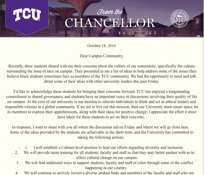 Chancellor responds to list of demands from students. 