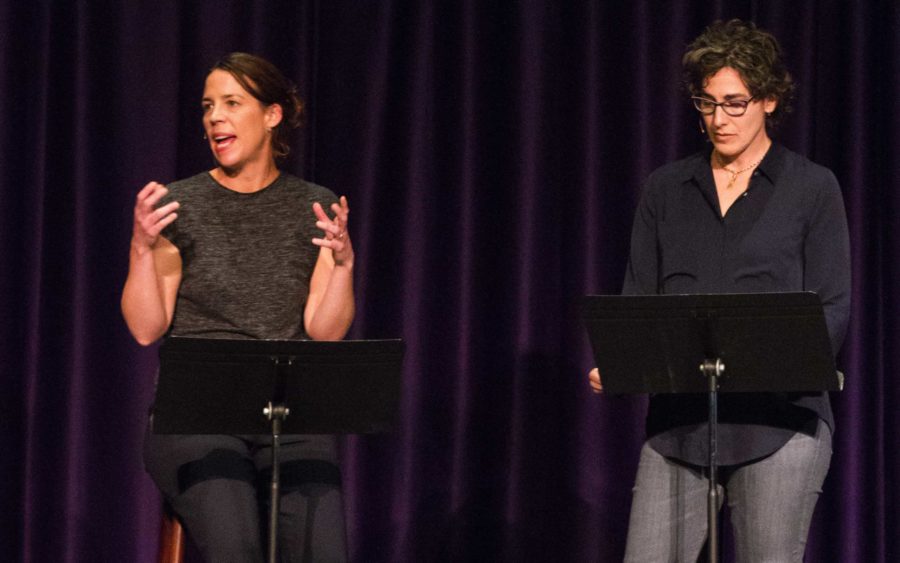 Producers Julie Snyder and Sarah Koenig speak on the production and reporting behind their podcasts, Serial. (Sam Bruton/TCU Staff Photographer)