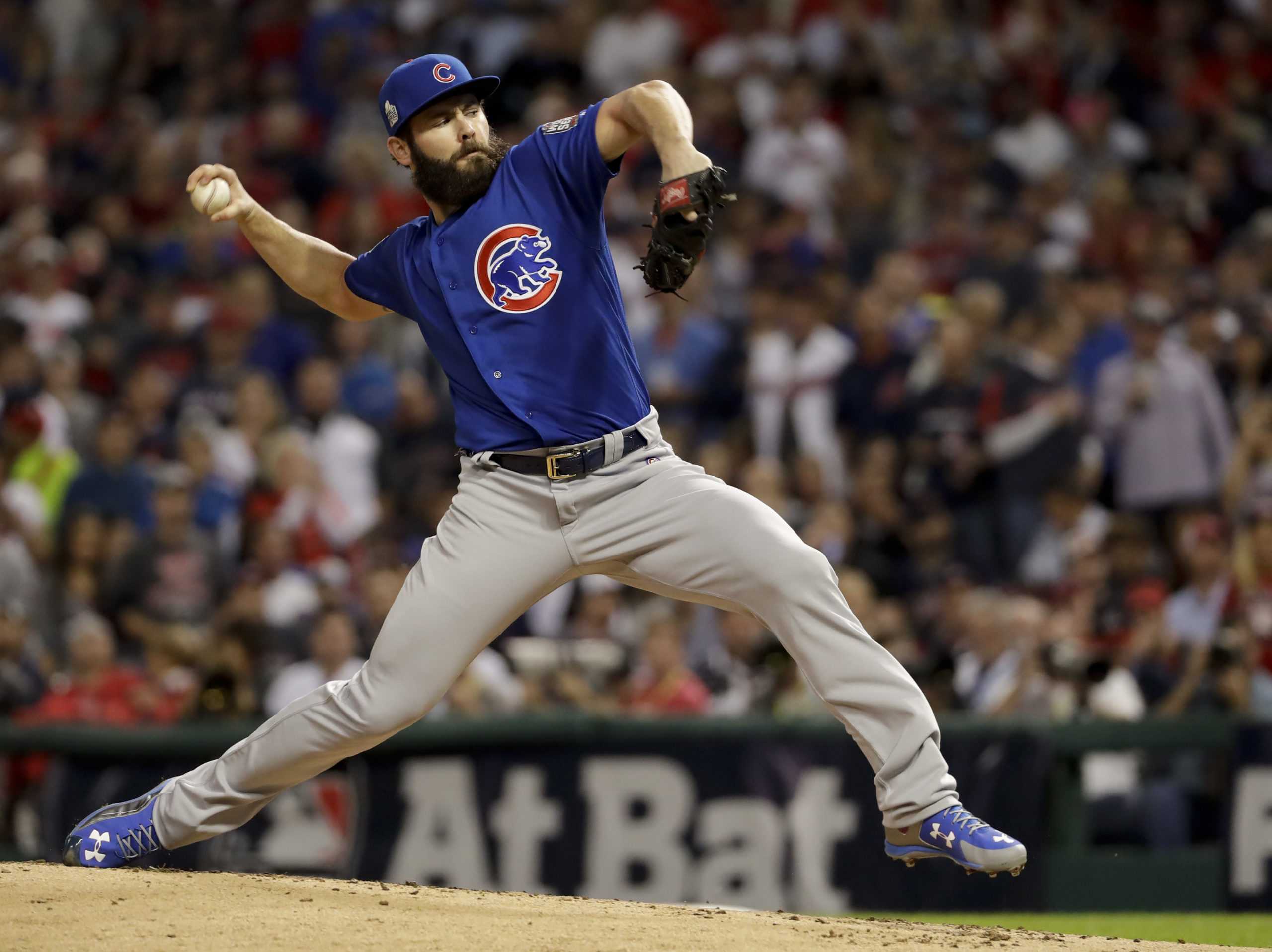 Chicago Cubs starting pitcher Jake Arrieta throws against the Cleveland Indians during the first inning of Game 6 of the Major League Baseball World Series Tuesday, Nov. 1, 2016, in Cleveland. (AP Photo/Matt Slocum)