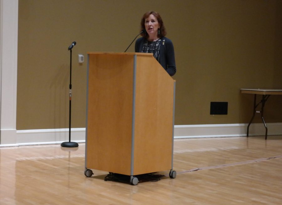 Diane Carlson Evans speaking in the Brown Lupton University Union auditiorium (Photo courtesy: Brandon Kitchin)