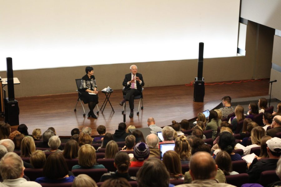 Bob Schieffer speaking in Moudy North during a post-election/pre-inauguration Q&A Session in front of students and faculty. (Photo courtesy: Brandon Kitchin)