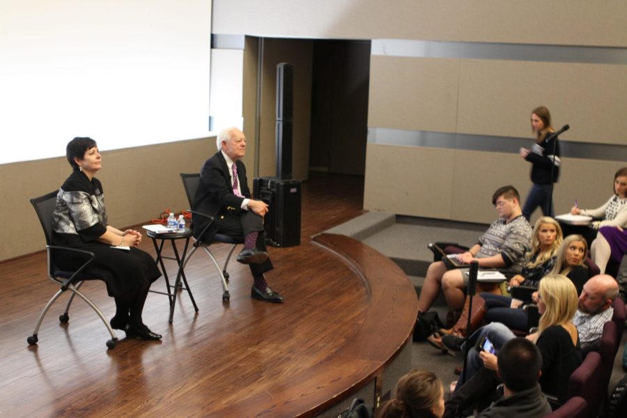 Bob Schieffer speaking in Moudy North during a post-election/pre-inauguration Q&A Session in front of students and faculty. (Photo courtesy: Brandon Kitchin)