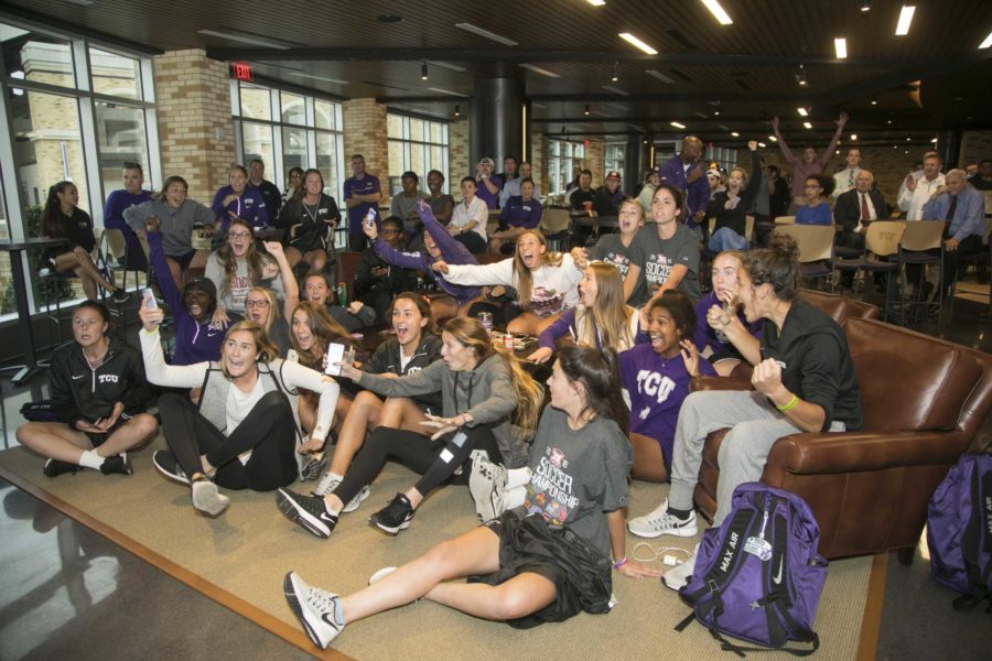 TCU Soccer Team watches the NCAA Selection show in the Courtside Club at TCU in Fort Worth Texas on November 7, 2016. (Photo/Sharon Ellman)