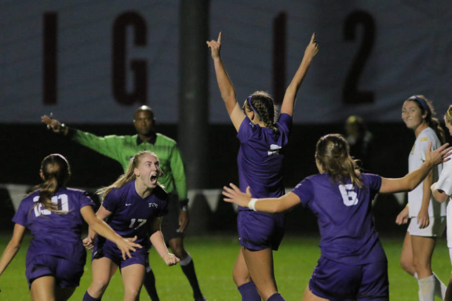 TCU celebrates after Meghan Murphy scores the game-winning goal in overtime. (Photo courtesy of big12sports.com) 