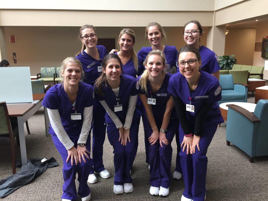 Jesslyn Lane (bottom row, third from left), a senior nursing major, said sometimes the competitive environment in nursing amplifies the pressure she already puts on herself to do well in school. “It’ just the environment we put ourselves in and everyone is just always pushing each other, so I think maybe it just makes it worse for me,” she said. (Jesslyn Lane/Nursing Major)