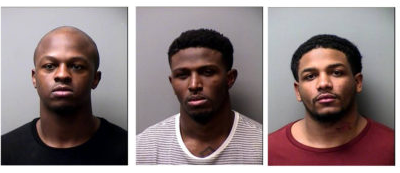TCU running back Kyle Hicks (middle) and former players Bryson Henderson (left) and George Baltimore (right) were arrested on public intoxication charges this weekend. (Fort Worth Police Dept.)