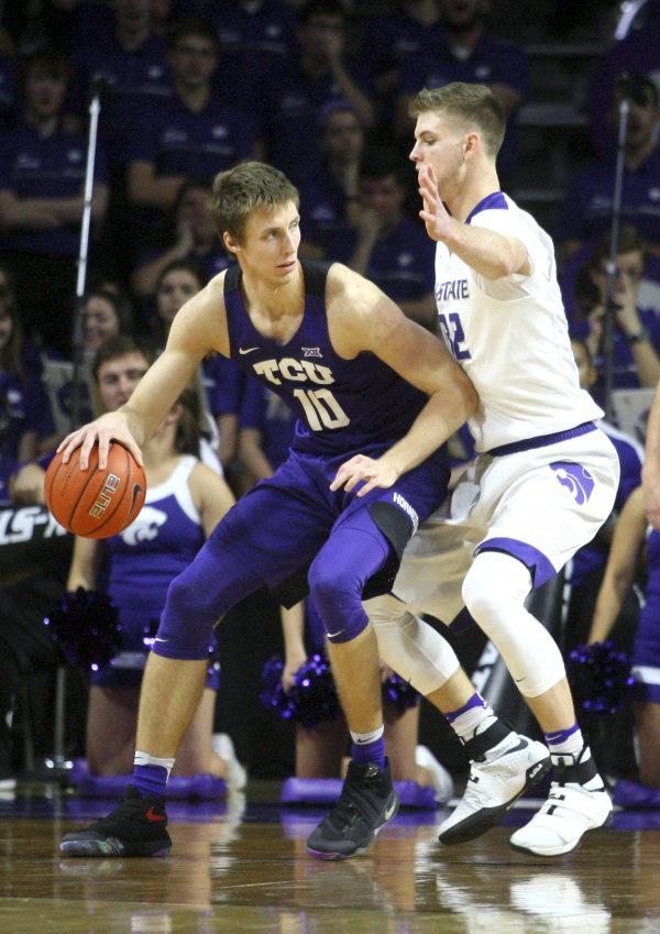 TCU+Horned+Frogs+forward+Vladimir+Brodziansky+%2810%29+dribbles+against+Kansas+State+Wildcats+forward+Dean+Wade+%2832%29+during+a+game+at+Fred+Bramlage+Coliseum.+TCU+won+the+game+86-80+in+overtime.+%28Scott+Sewell-USA+TODAY+Sports%29