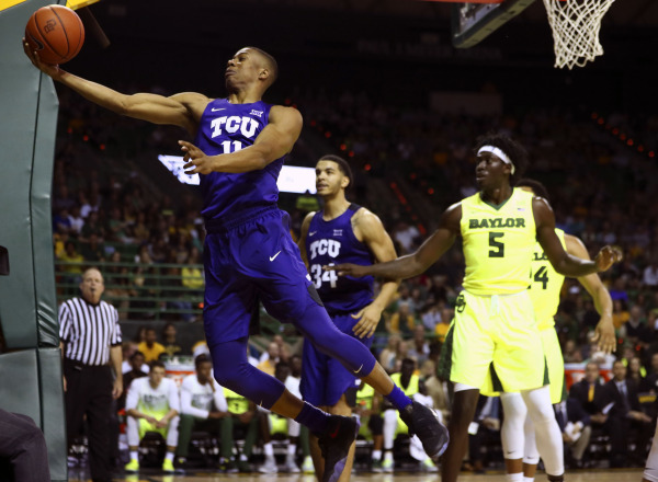 Horned Frogs guard Brandon Parrish (11) dives to save a ball from going out of bounds. (Photo Courtesy of GoFrogs.com)