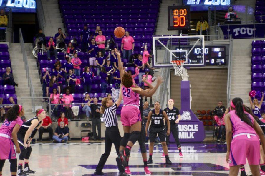 Jordan Moore tipped off TCUs annual Play4Kay pink-out game. Photo by Haley Harrison.