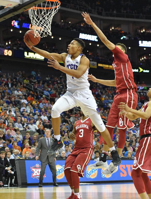 Desmond Bane soars in for a layup against Oklahoma in the Big 12 Tournament. (Photo Courtesy of GoFrogs.com) 