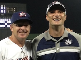 TCU head coach Jim Schlossnagle and peak performance consultant Brian Cain share a laugh working together on the Collegiate USA National Baseball Team in 2013 (Photo Courtesy of BrianCain.com)