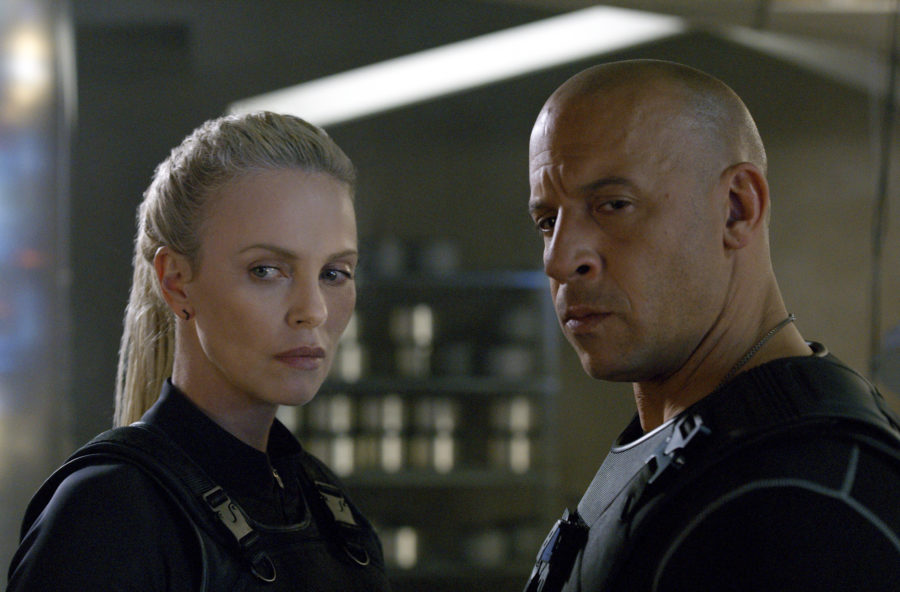 This image released by Universal Pictures shows Charlize Theron, left, and Vin Diesel in The Fate of the Furious. (Universal Pictures via AP)